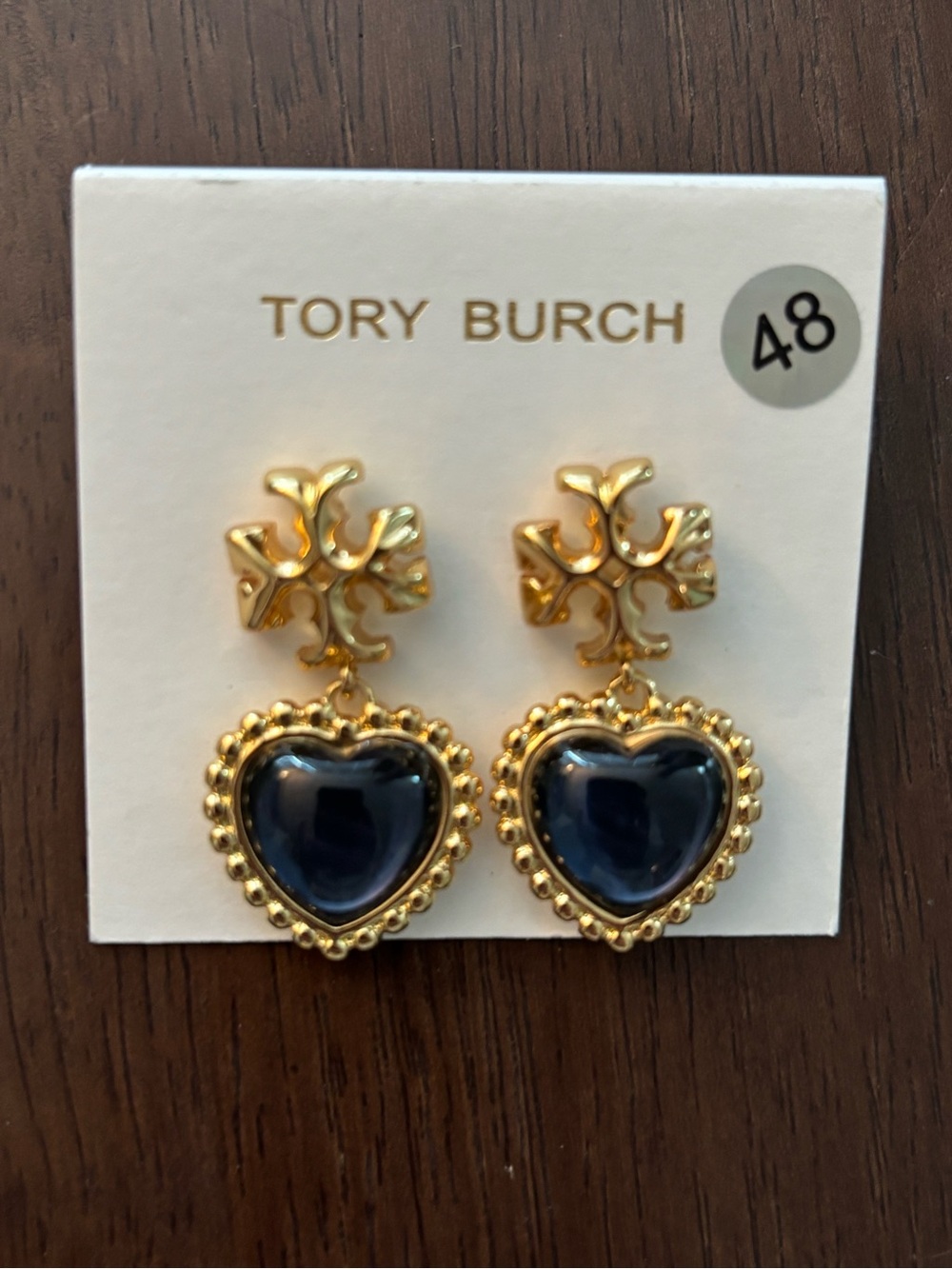Tory Burch Gold and Navy Heart Drop Earrings, brand new